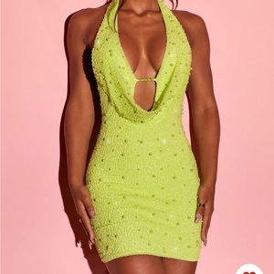 Oh Polly Embellished Deep Plunge Mini Dress in Lime